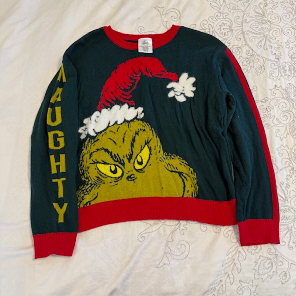 Dr. Seuss The Grinch Ugly Christmas Sweater,  Junior Sz Medium “Naughty” - Picture 3 of 10